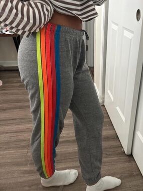 Aviator Nation Gray Joggers with Neon Rainbow Side Stripes